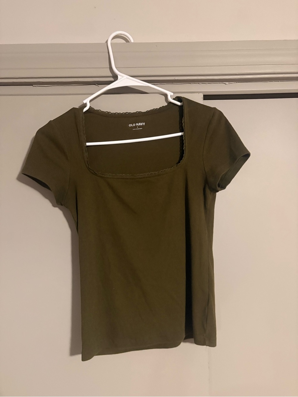 Old Navy Olive Square Neck Short Sleeve Tee with Scalloped Trim